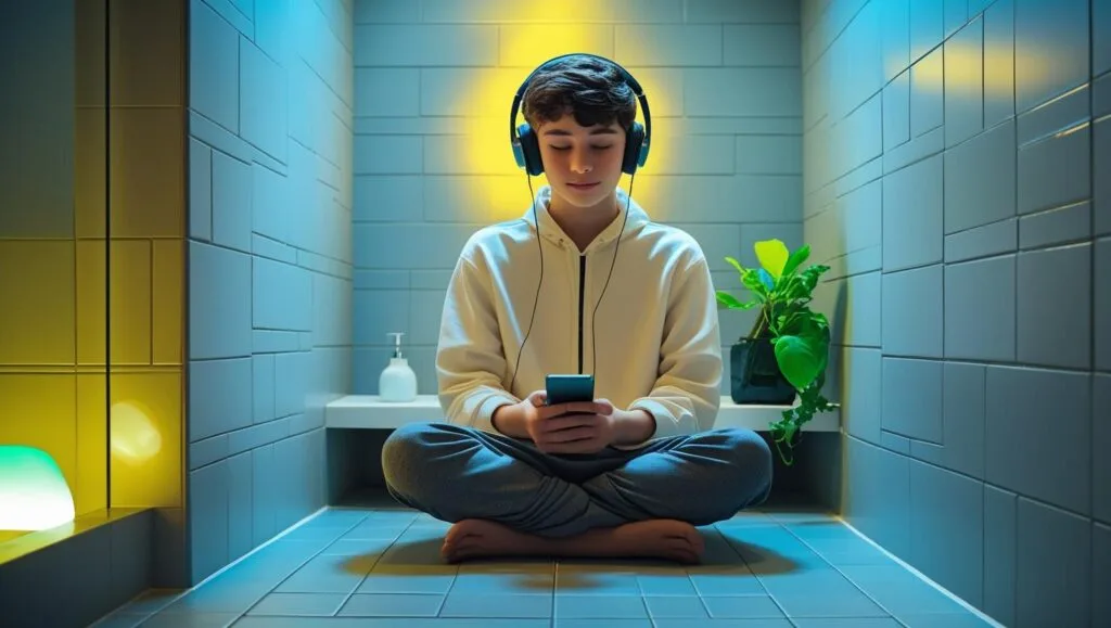 Bathroom Camping Gen Z व्यक्ति छोटे बाथरूम में हेडफोन लगाकर रिलैक्स करता हुआ