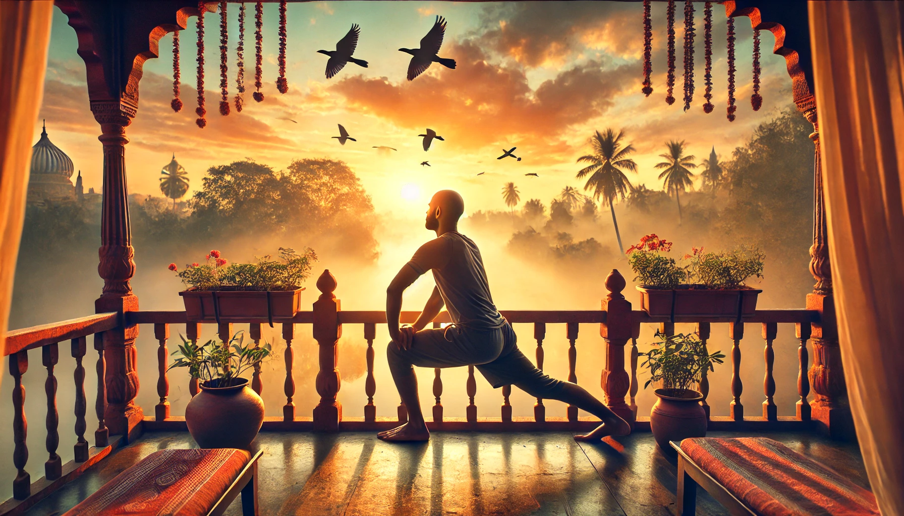 In this image a person wake up early and doings some exercise.