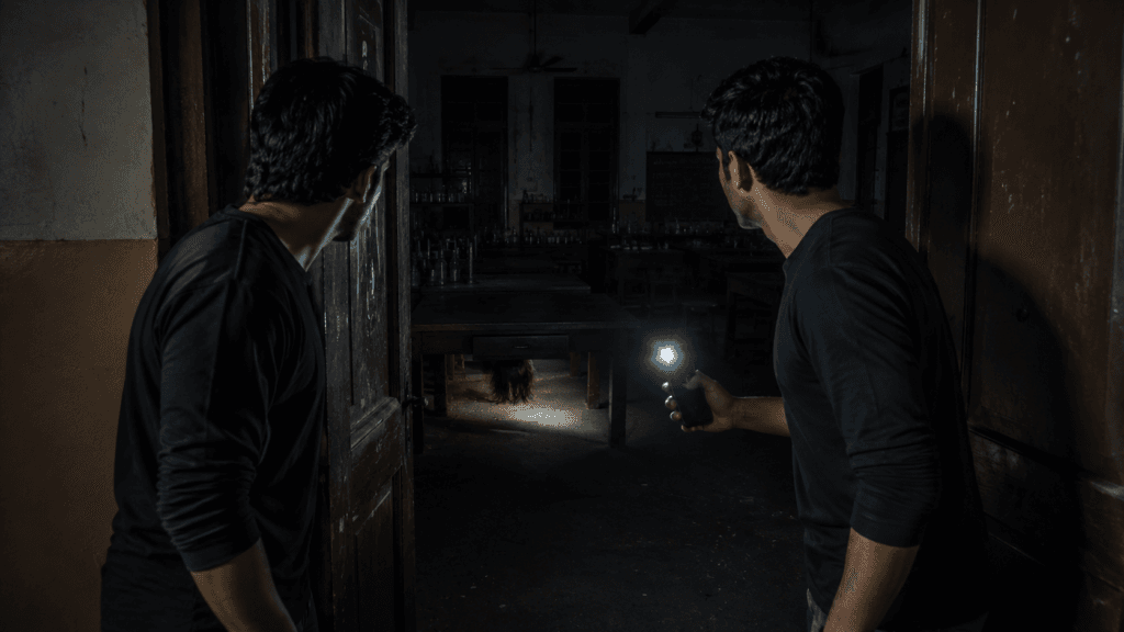 पुरानी कॉलेज लैब में टेबल के नीचे छिपी आकृति