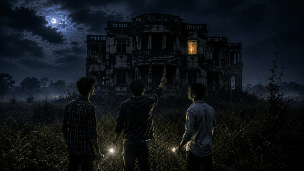 Haunted House की दूसरी मंजिल पर रात में जलती रहस्यमयी light