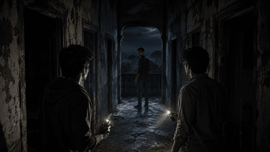 Haunted House Story में balcony के किनारे खड़ा रहस्यमयी व्यवहार करता दोस्त