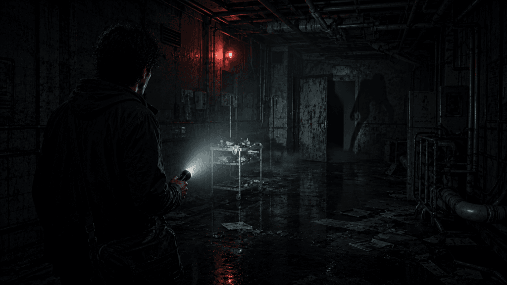 Resident Evil 2026 में अंधेरे facility corridor में खतरे का सामना करता Bryan
