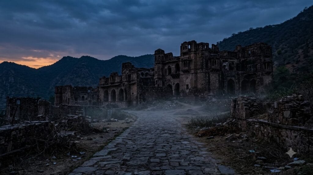 शाम के समय भानगढ़ किले के सुनसान खंडहर